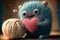 A small, cute, illustrated, fantasy, pastel color creature of wool holding a love heart. Generative AI