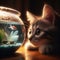 Small cute kitten sits and stares at fish in glass bowl