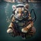 Small cute tiger swiming under the water wearing a diving suit. Generative AI