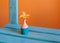Small cute tiny vase with mini orange azalea flower. Bright yellow, orange, pastel pink blue cyan colors, smooth light. Photo with