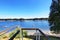 Small deck of luxurious home with an amazing view of lake.