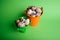 Small decorative buckets filled quail eggs on the green background