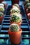 Small decorative pots with flowers cacti. View from above. Decor with fresh flowers. Home Flowers