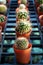 Small decorative pots with flowers cacti. View from above. Decor with fresh flowers. Home Flowers