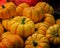 A small decorative pumpkin with yellow orange stripes, heap of pumpkins, close-up. Harvesting, Decoration with Dwarf Pumpkins,