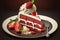 small dessert portion red velvet cake on plate with decoration of cream and strawberries