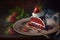 small dessert portion red velvet cake on plate with decoration of cream and strawberries