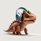A small dinosaur in headphones on a white background. AI Generated