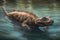 A small dinosaur making large ripples as it paddles along in the clear water.. AI generation