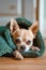 A small dog is curled up in a green blanket on a wooden floor. Generative AI