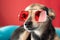 Small dog in red sunglasses lies on a pillow in the summer relaxed on vacation resting