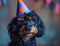 Small Dog Wearing Party Hat, Adorable Canine Celebrates in Style. A dog wearing a hat and wearing a birthday hat