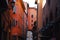 Small downtown street with colorful houses of red in Bologna in Emilia Romagna (Italy)