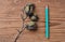 Small dried twig with ripened fruits of an unknown plant and green pencil isolated on a wooden background