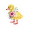 Small duckling with spring flowers decoration. Hand drawn illustration. Cute newborn baby bird duck. Fluffy duckling