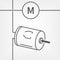 Small electric dc motor line vector icon with a schematic symbol of motor