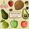 Small element pack with different type of fruits and seeds. Isolated vectors about vegan and healthy lifestyle