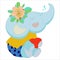 A small elephant with a big heart. Children`s print. An elephant with a flower on his head and a spray of water.