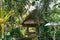 A small empty cafe in a thicket of tropical trees and bamboo. A table under a thatched roof in the Balinese style. Gazebo in the