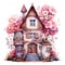 Small fabulous house with pink flowers. Watercolor cartoon illustration isolated on white background