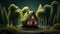 Small fairy wooden house in green forest by Generative AI