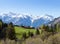 Small farm at early spring morning in Swiss alps near Leukerbad. Bodmen, Valais, Switzerland