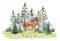 Small fawn in nature wildlife forest landscape scene. Watercolor illustration. Baby deer standing in northern forest