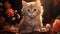 Small Felidae fawn with whiskers and fur sitting in flower basket