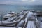 Small ferry pier in Tallinn on a frosty winter morning. Estonia