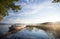 Small fishing boat moored on Saimaa lake