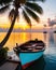 Small fishing boat at tropical island in sunset, generative ai