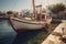 Small fishing boats moored in the port of a small Greek village. Ai generated