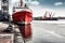A small fishing or cargo ship on the dock in the port. The ship is waiting to sail. A vessel for fishing or transporting small