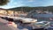 Small fishing village in Croatia, traditional fishing boats in harbor, Vinjerac near Zadar, pan left to right