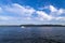 Small fishman boat on Columbia river on delightful panorama of w