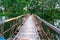 A small floating pedestrian bridge across the lake