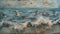 a small flock of sandpipers foraging for food along the surf, painted on an aged wooden board with a soothing blue and