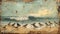 a small flock of sandpipers foraging for food along the surf, painted on an aged wooden board with a soothing blue and