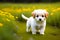 A small fluffy puppy with big round eyes and a wagging tail eagerly exploring-a colorful generated by ai