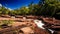 Small Foamy Waterfalls along Brown Stones among Tropical Forest