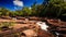 Small Foamy Waterfalls along Brown Stones among Tropical Forest