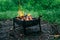 A small folding portable brazier filled with burning wood. Cooking on the grill. Safe fire in nature