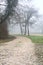 Small footbridge and a gravel path on a foggy day in a park