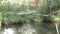 A small forest river. Old broken log bridge. Reflection of the sky in the water. Indian summer. Walking in the autumn forest.