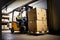 small forklift carrying boxes through large warehouse
