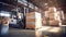 A small forklift on a huge warehouse transports pallets with boxes. Cargo handling