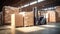 A small forklift on a huge warehouse transports pallets with boxes. Cargo handling
