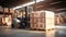 A small forklift on a huge warehouse transports pallets with boxes. Cargo handling