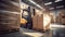 A small forklift on a huge warehouse transports pallets with boxes. Cargo handling