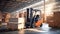 A small forklift on a huge warehouse transports pallets with boxes. Cargo handling